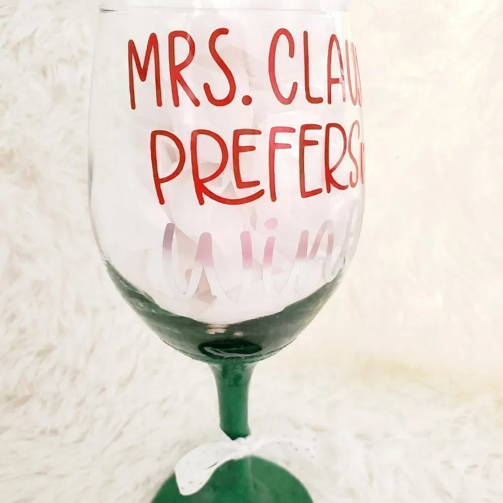 Mrs Claus Prefers Wine Green Glittered Stemmed Wine Glass, Funny Christmas Glass